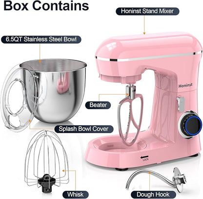 Honinst Stand Mixer, 6.5QT 10-Speed Tilt-Head Electric Stand Mixer, 3-In-1 Kitchen Mixer with Bowl, Dough Hook, Whisk and Beater, Food Mixer for Baking, Cake and Most Home Cooks, Pink