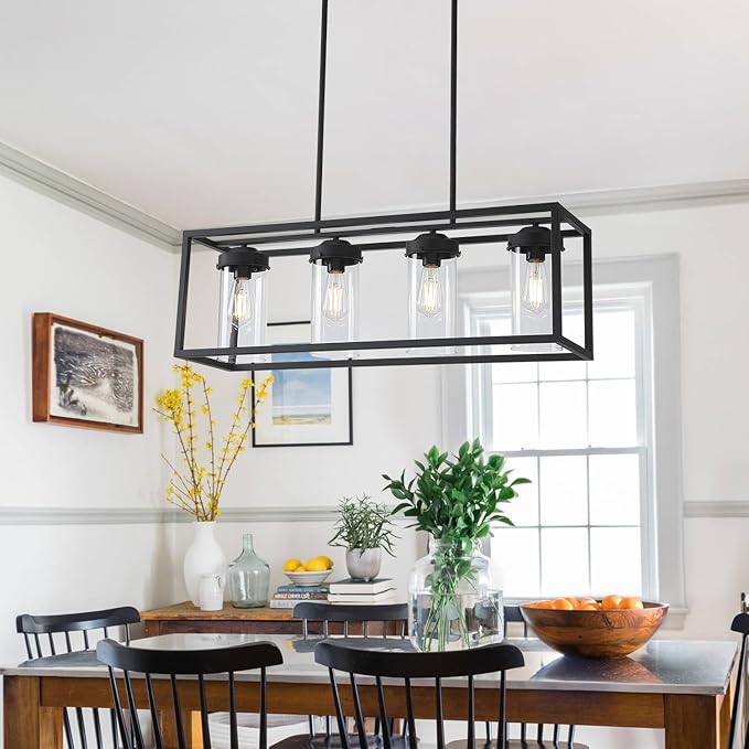 Black Dining Room Light Fixtures, Farmhouse Chandeliers for Dining Room Rustic Kitchen Island Light Fixtures Vintage Antique Linear Adjustable Hanging Pendant Light with Clear Glass Shade