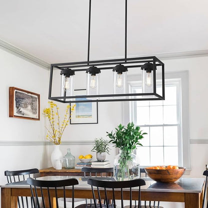 Black Dining Room Light Fixtures, Farmhouse Chandeliers for Dining Room Rustic Kitchen Island Light Fixtures Vintage Antique Linear Adjustable Hanging Pendant Light with Clear Glass Shade