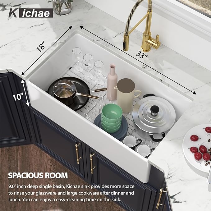Kichae 33 White Farmhouse Kitchen Sink - 33X18 Inch Farm Kitchen Sink Farmhouse Sink Reversible Apron Front Ceramic Porcelain Farm Sinks Single Bowl