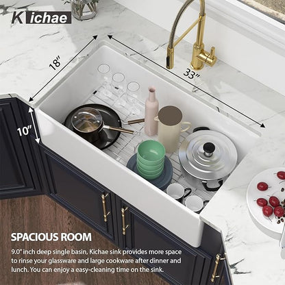 Kichae 33 White Farmhouse Kitchen Sink - 33X18 Inch Farm Kitchen Sink Farmhouse Sink Reversible Apron Front Ceramic Porcelain Farm Sinks Single Bowl
