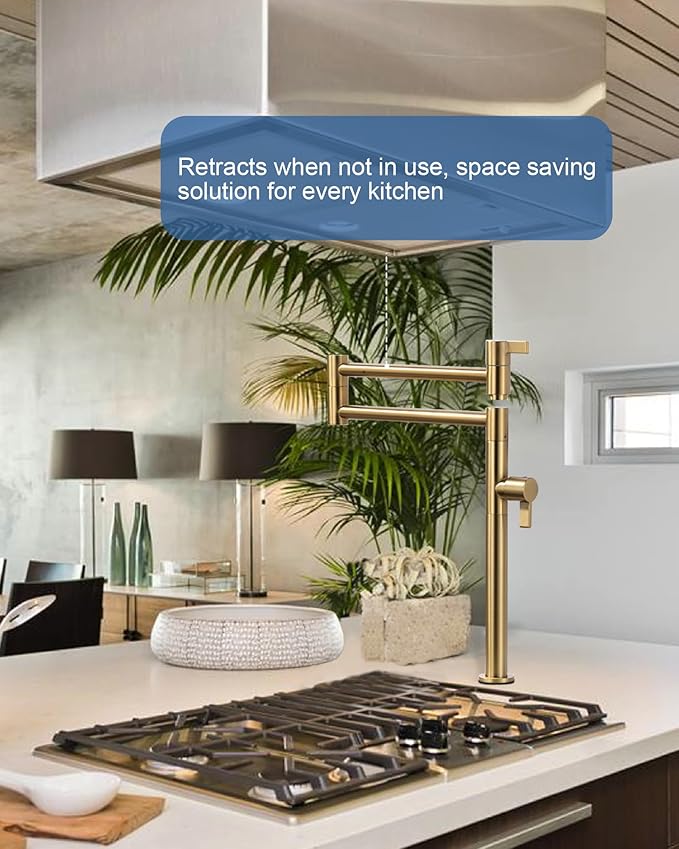 Deck Mount Pot Filler Faucet, ARCORA Solid Brass Pot Filler Brushed Gold Kitchen Folding Faucet with Stretchable Double Joint Swing Arm, Deck Mounted Pot Filler
