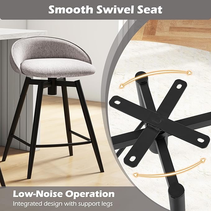 Giantex Swivel Bar Stools Set of 2, 25" Counter Height Bar Chairs with Footrest, Low Backs & Metal Frame, Upholstered Line Fabric Barstools for Kitchen Island, Cafe & Pub, Grey