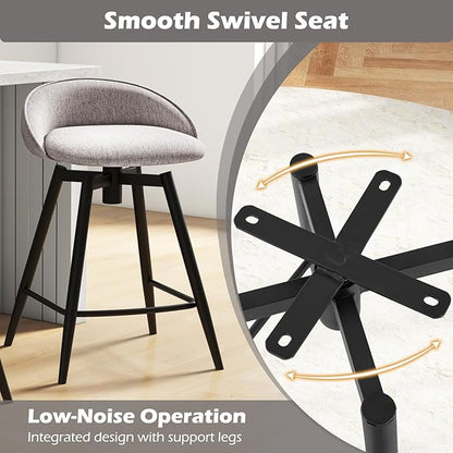 Giantex Swivel Bar Stools Set of 2, 25" Counter Height Bar Chairs with Footrest, Low Backs & Metal Frame, Upholstered Line Fabric Barstools for Kitchen Island, Cafe & Pub, Grey