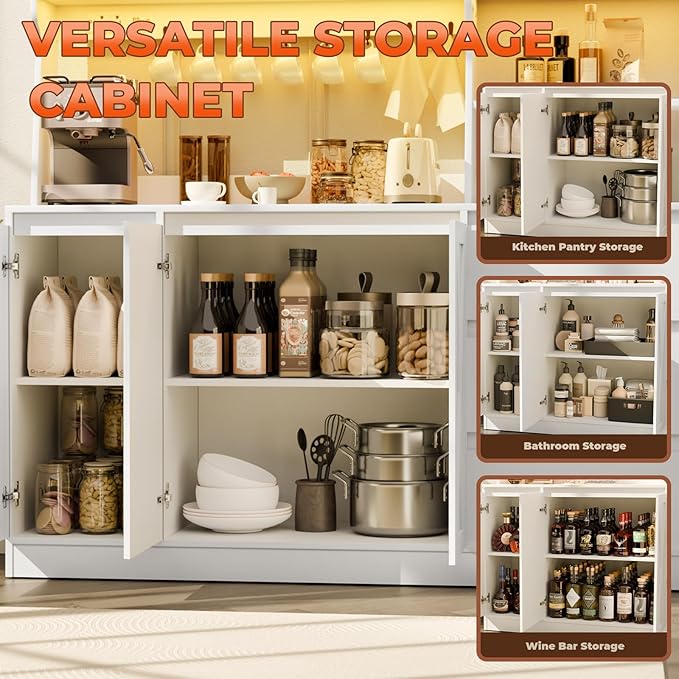 Loomie Farmhouse Sideboard Buffet Cabinet with Storage, 59" Kitchen Storage Cabinet with Power Outlet & LED Light, Coffee Bar w/Microwave Stand & Doors & Drawers & Hooks & Adjusted Shelves (White)