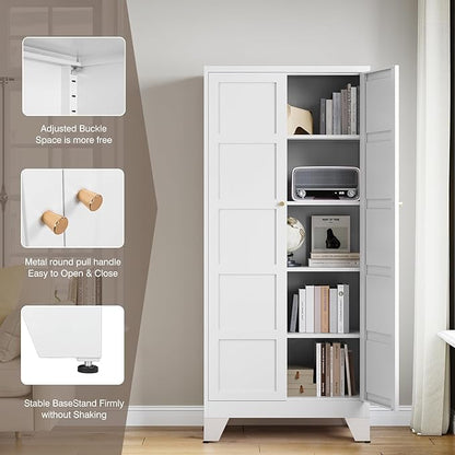Yizosh Metal Storage Cabinet with 2 Doors and 4 Adjustable Shelves,- 71" White Kitchen Pantry Storage Cabinet for Kitchen,Dining Room,Living Room