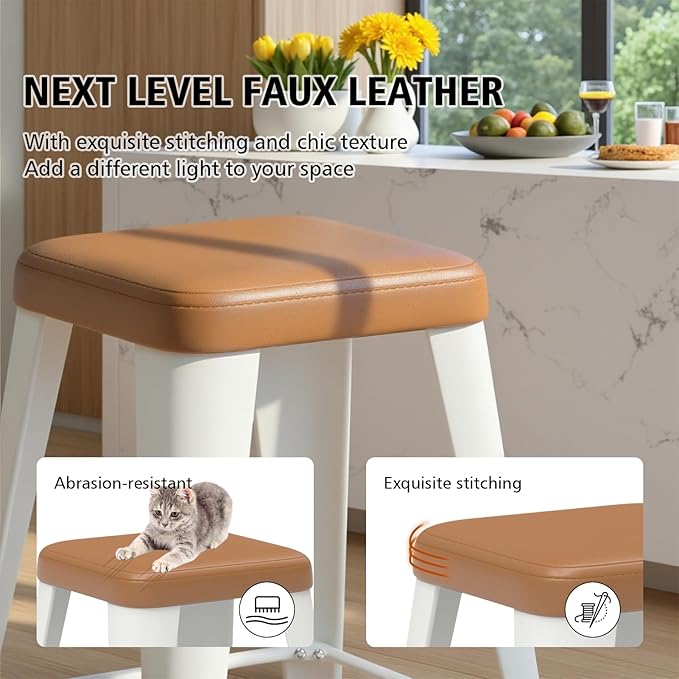Backless Bar Stools Set of 4, Upholstered Faux Leather Counter Height Stools with Sturdy Metal Legs, 26 Inch Barstools for Kitchen Island (Brown)