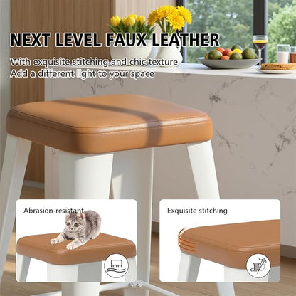 Backless Bar Stools Set of 4, Upholstered Faux Leather Counter Height Stools with Sturdy Metal Legs, 26 Inch Barstools for Kitchen Island (Brown)