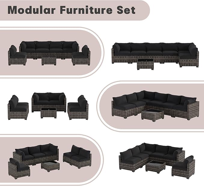 Patio Furniture Set, 7-Piece Outdoor Sectional Couch with Coffee Table & Thick Cushions, Outdoor Wicker Conversation Set for Backyard, Poolside, Garden (White-Black, 7 Piece-Single)