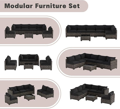 Patio Furniture Set, 7-Piece Outdoor Sectional Couch with Coffee Table & Thick Cushions, Outdoor Wicker Conversation Set for Backyard, Poolside, Garden (White-Black, 7 Piece-Single)