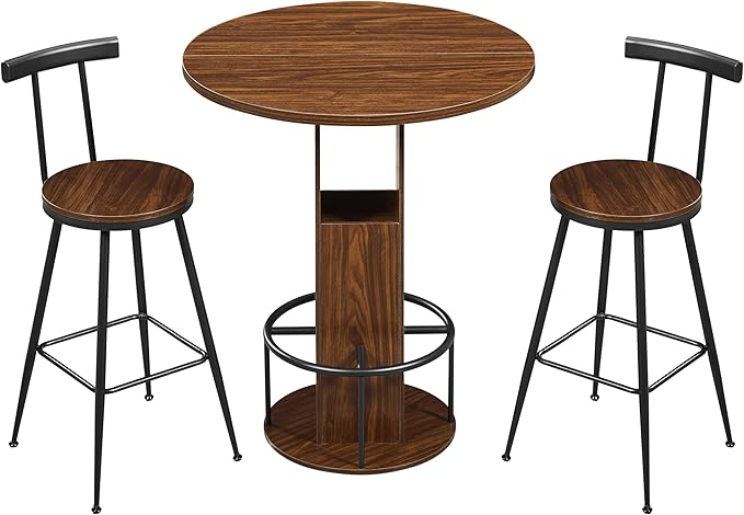 SOFTSEA 3 Pieces Round Bar Table and Chairs Set for 2, Metal Dining Table Set with Storage, Small Round Kitchen Table with 2 Chairs, Save Space, Walnut