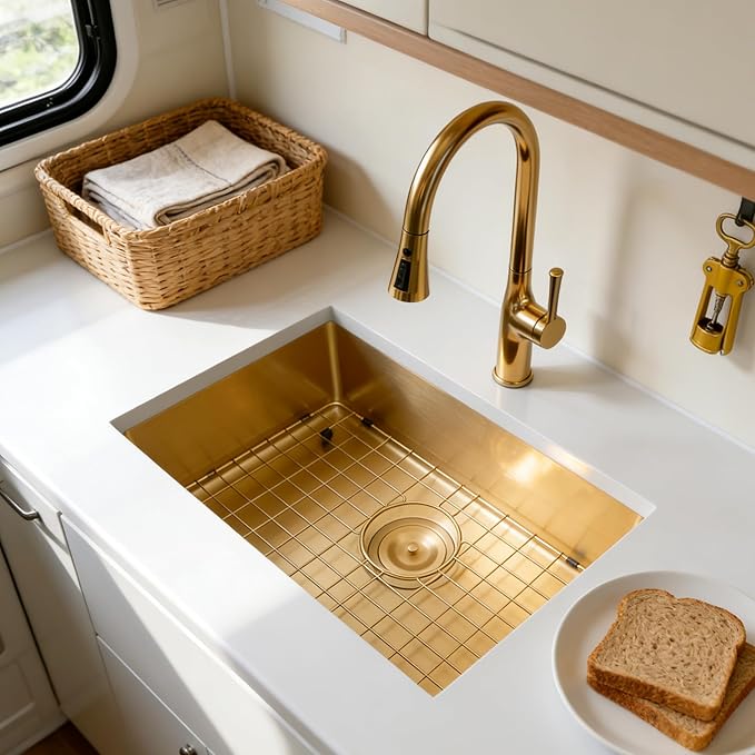 MILOSEN Gold RV Kitchen Sink, 25×15 inch 16 Gauge T304 Stainless Steel Undermount RV Sink with Basket Strainer, Gold Outdoor Camper Sinks, 7'' Depth Deep Single Bowl Laundry Basin