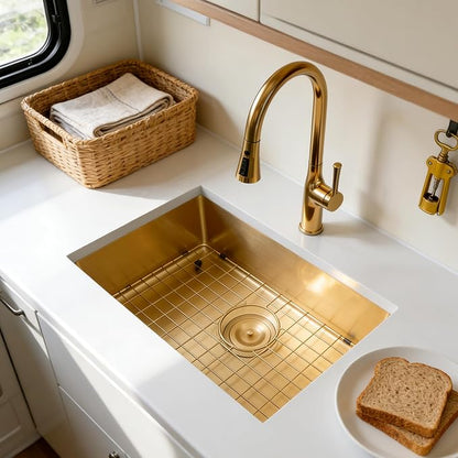 MILOSEN Gold RV Kitchen Sink, 25×15 inch 16 Gauge T304 Stainless Steel Undermount RV Sink with Basket Strainer, Gold Outdoor Camper Sinks, 7'' Depth Deep Single Bowl Laundry Basin