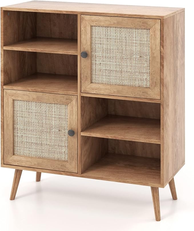 Giantex Buffet Cabinet, Wood Sideboard Storage with 2 Rattan Doors & 2 Cubes, Farmhouse Coffee Bar Accent, Freestanding Cupboard Organizer for Living Room Kitchen Hallway