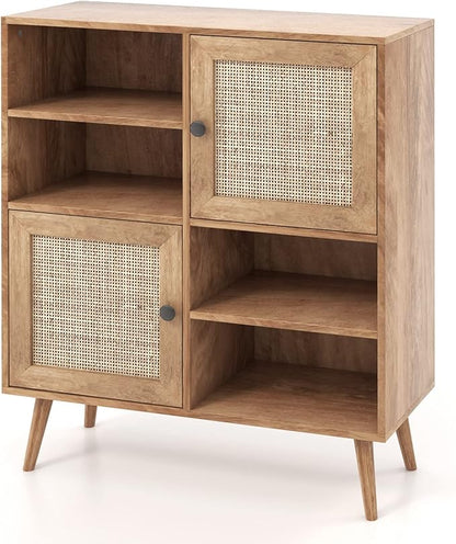 Giantex Buffet Cabinet, Wood Sideboard Storage with 2 Rattan Doors & 2 Cubes, Farmhouse Coffee Bar Accent, Freestanding Cupboard Organizer for Living Room Kitchen Hallway