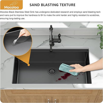 Mocoloo Black Undermount Kitchen Sink - 30x19 Kitchen Workstation Sink 16 Gauge Black Stainless Steel Single Bowl Handmade 30 Inch Undermount Ledge Workstation with Single Track