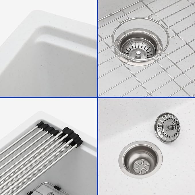 Dcolora 21 In. White Granite Composite Small Kitchen Sink, Single Bowl Workstation Undermount Prep Sink, Quartz Bar Sink, 21"x18"x9.65" #DC-GBUS25471