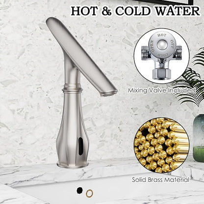Touchless Bathroom Sink Faucets, Brushed Nickel Bathroom Faucet Single Hole, Automatic Motion Sensor Battery Operated with Cover Plate and Mixing Valve for Commercial and Home