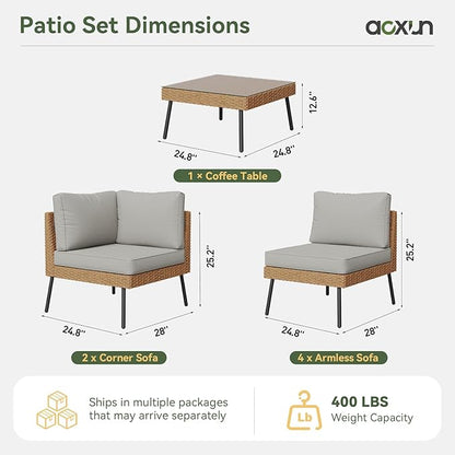 Aoxun Patio Furniture Set, 7 Piece Outdoor Sectional Sofas with Thick Cushion, Wicker Outdoor Patio Furniture Set with Coffee Table for Party, Garden, Backyard, Grey