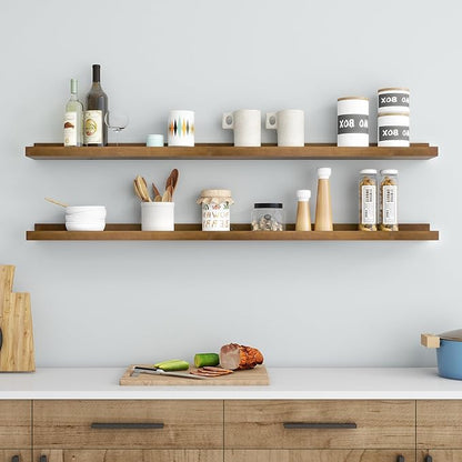 FLYJOE Picture Ledge Wall Shelves 48 inch Width Set of 2, Solid Pine Wood Rustic Floating Ledge Shelves for Wall for Kids' Room Bedroom Kitchen Bathroom Living Room Nursery Display Wall Decor, Walnut