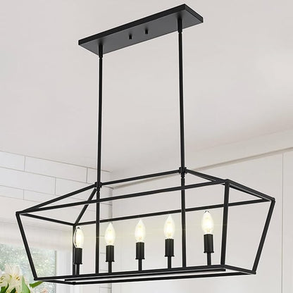 VINLUZ Farmhouse Kitchen Island Light,E12 5-Light Matte Black Finish Rustic Dining Room Chandelier Hanging Pendant Lighting Fixture Ceiling Light for Living Room Foyer Bedroom