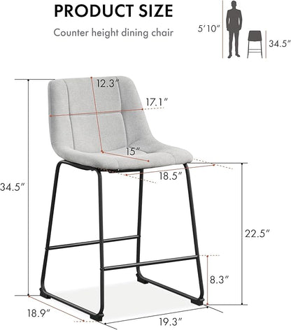 Furniture of America Veradis Modern Bentwood Counter Height Dining Chairs Set of 2, Chenille Fabric Bar Stool with Back and Metal Frame, Upholstered Seating for Living Room, Light Grey, 35 inch