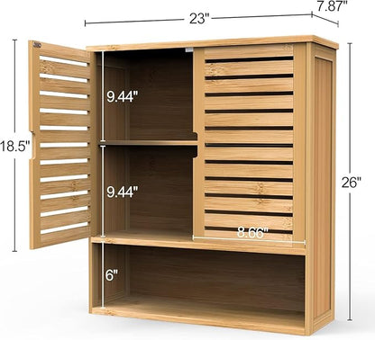 Bamboo Bathroom Wall Cabinet, Medicine Cabinet Wall Mounted, Over The Toilet Hanging Cabinet with 2 Doors