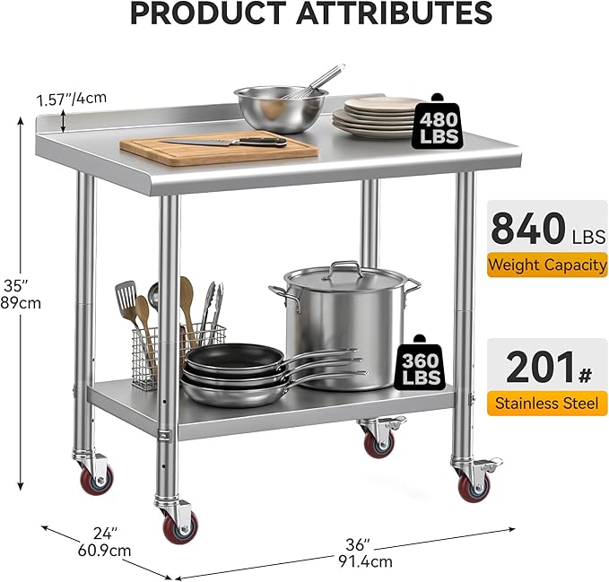 DWVO 36x24in Stainless Steel Table, NSF Metal Prep Worktable with Backsplash & Wheels for Kitchen Restaurant Hotel Garage Warehouse Home