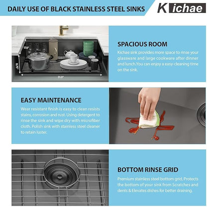 Kichae 33 Black Kitchen Sink Undermount - 33x19 Undermount Kitchen Sink Ledge Workstation 16Gauge Stainless Steel Gunmetal Black Deep Handmade Single Bowl Basin Round Corner