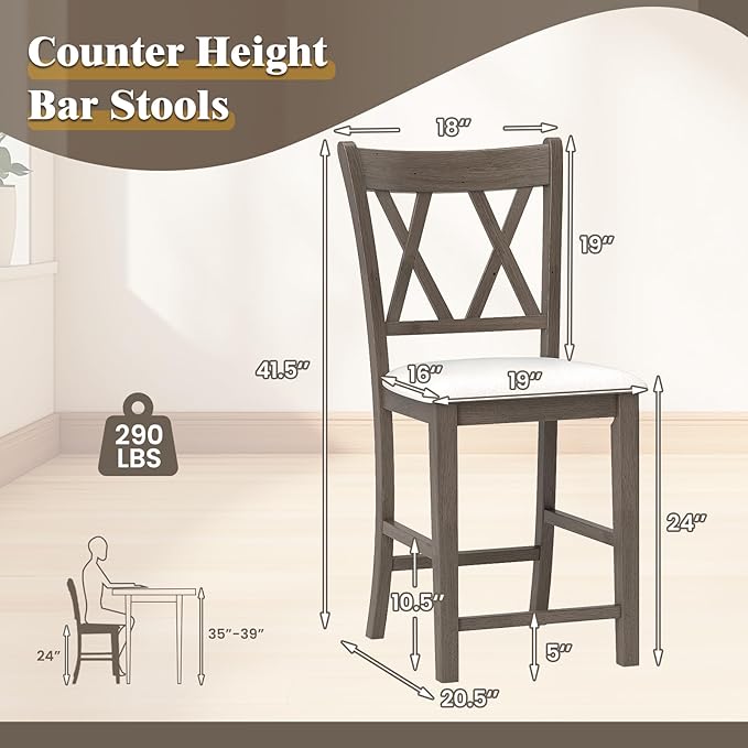 Giantex Wood Bar Stools Set of 2, 24" Counter Height Bar Stools w/Cross Back & Linen Fabric Upholstered Seat, Modern Farmhouse Wooden Barstools for Kitchen Island, Home Bar, Dining Room, Grey & White