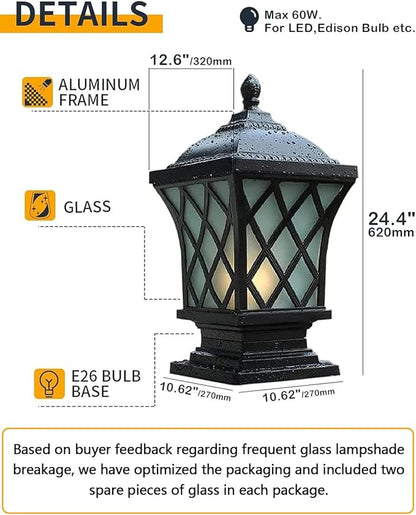 Outdoor Column Lights, 24.4″ Modern Column Lamp IP54 Waterproof Glass Post Light Outdoor E26 Aluminum Fence Post Light Fixtures for Villa Garden Park Lighting Black Pillar Lights