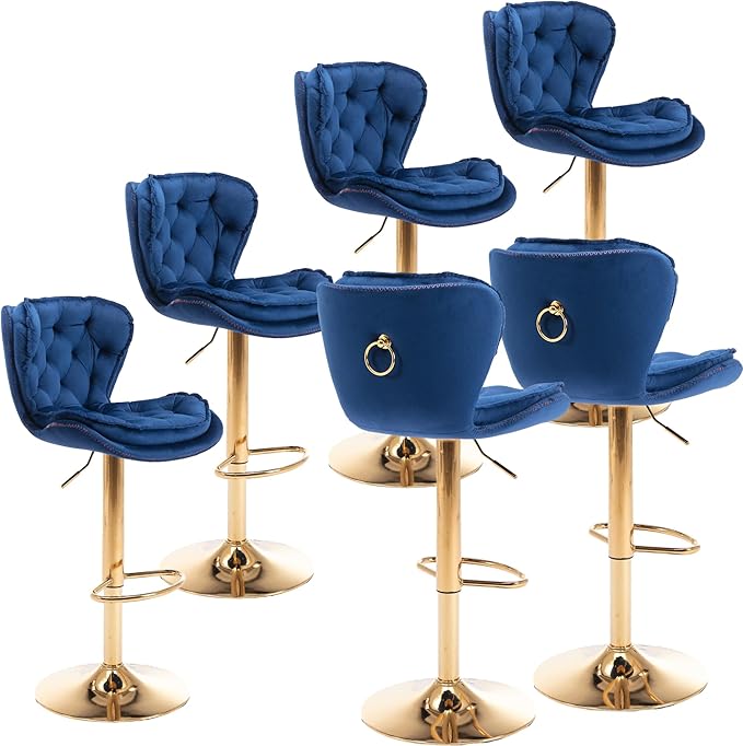 Rhomtree 24-33 Inch Swivel Bar Stools, Adjustable Counter Height Barstools, Velvet Tufted Back and Golden Footrest, Bar Chairs for Kitchen Island, Cafe, Bar, Bar Counter, Coffee(Navy Blue Set of 6)