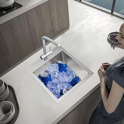 ROVOGO 15 inch Drop in Bar Sink 304 Stainless Steel, 15"x17" Single Bowl Small Kitchen Sink with 1-Hole & Drain Assembly, 8" Deep Wet-Bar/Prep Sink, Brushed
