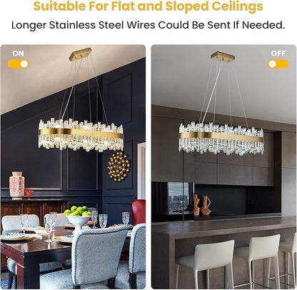 Siljoy Modern Crystal Chandelier 16-Light Luxury Gold Rectangle K9 Crystal Raindrop Chandelier Dimmable Oval Crystal Ceiling Light for Dining Room Living Room Foyer Entryway L35.4''