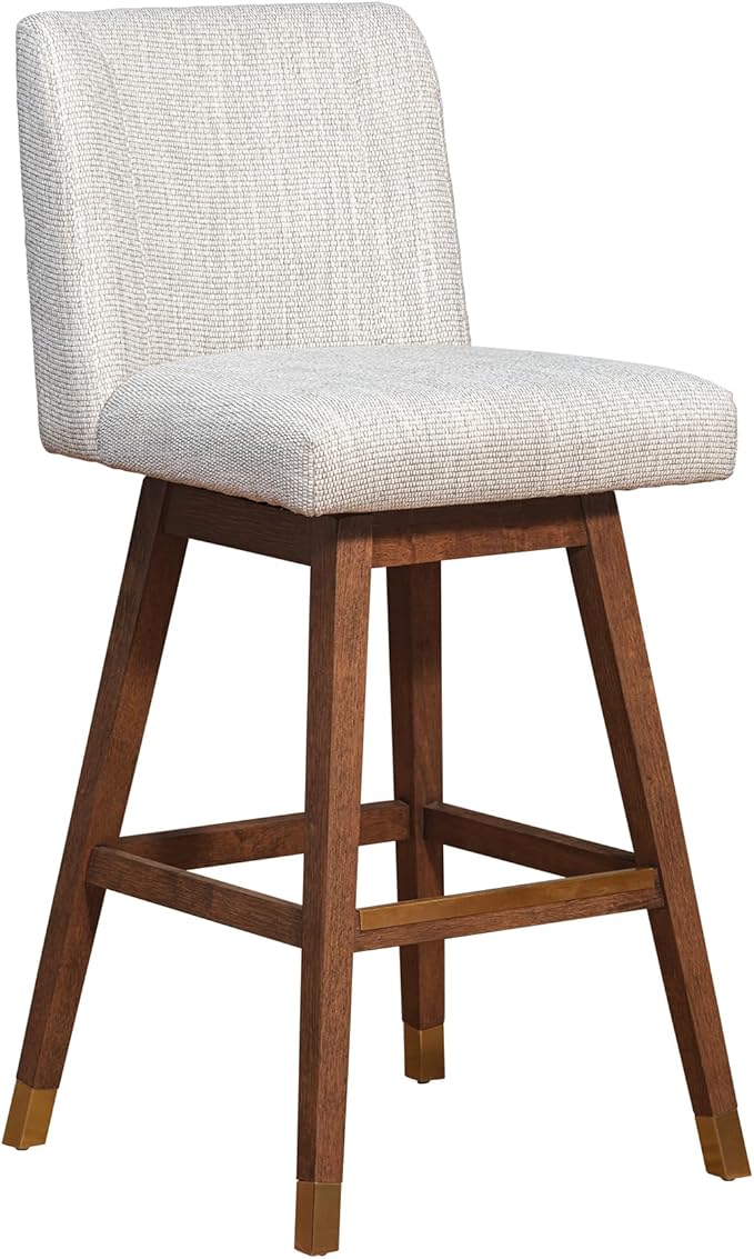 Armen Living Basila Modern Farmhouse 30" Seat Height Swivel Bar Stool for Kitchen Island Counter in Brown Oak Wood with Beige Fabric