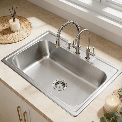 MILOSEN 33''x22'' Drop in Kitchen Sink, Topmount T304 Stainless Steel Sink with Three Holes, Single Bowl 9'' Deep Sinks with Strainer, Round Corner Large and Deep Sinks, Brushed Finish