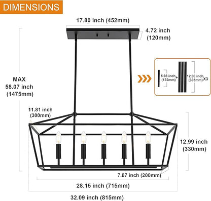 VINLUZ Farmhouse Kitchen Island Light,E12 5-Light Matte Black Finish Rustic Dining Room Chandelier Hanging Pendant Lighting Fixture Ceiling Light for Living Room Foyer Bedroom