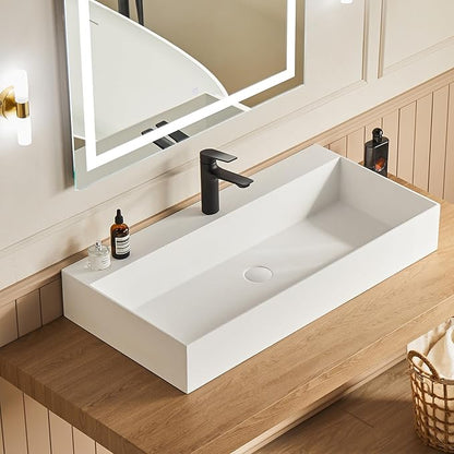 Cpingao 42" Wall Mount Stone Resin Bathroom Sink, Large Rectangle Trough Basin, Matte White Solid Surface Floating Vanity Top with Pre-drilled Hole