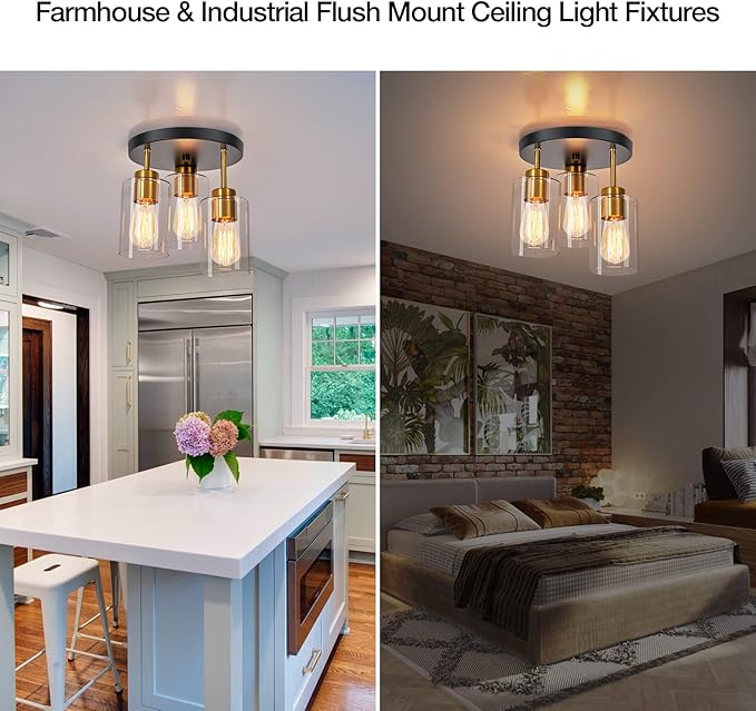 Black and Gold Flush Mount Ceiling Light 3-Light Black Semi Ceiling Light Fixture with Clear Glass Shades, Farmhouse Industrial Gold Brass Kitchen Ceiling Lights for Hallway Entryway Bedroom