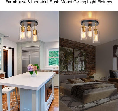 Black and Gold Flush Mount Ceiling Light 3-Light Black Semi Ceiling Light Fixture with Clear Glass Shades, Farmhouse Industrial Gold Brass Kitchen Ceiling Lights for Hallway Entryway Bedroom