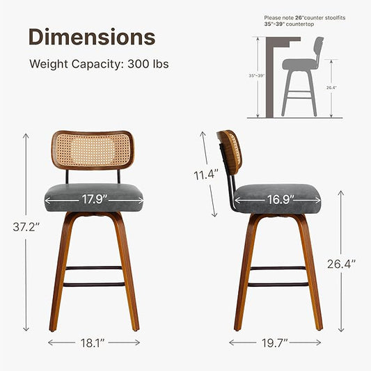 Swivel Bar Stools Set of 2, 26" Upholstered Counter Height Bar Stools with Rattan Back and Bent Walnut Wood Legs, Faux Leather Modern Barstools for Kitchen Island,Rattan Gray