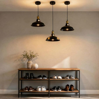 3 Light Pendant Lighting, Farmhouse Hanging Light Fixture for Kitchen Island & Dining Room, Industrial Vintage Ceiling Lamp with E26 Base, Adjustable Height, Black and Gold with Metal Shade