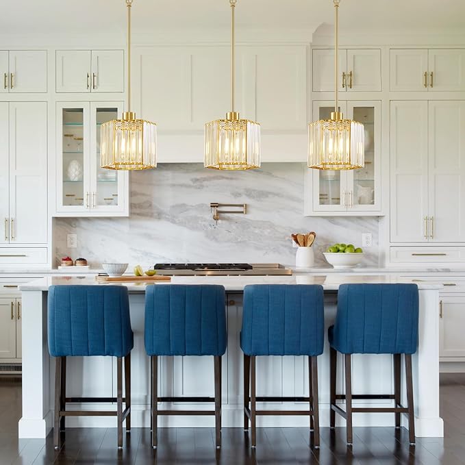 XSDeTu 2 Pack Gold Pendant Lights Kitchen Island, Modern Crystal Pendant Light Fixtures, 1-Light Small Farmhouse Chandelier, Adjustable Brass Hanging Light Fixture for Dining Room, Hallway, Bedroom