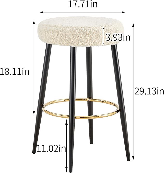 Counter Height Bar Stools Set of 2, PU Kitchen Stools Upholstered Dining Chair Stools 24 Inches Height with Golden Footrest for Kitchen Island Coffee Shop Bar Home Balcony Berber Fleece