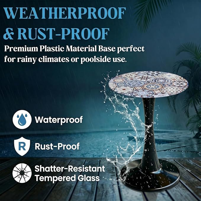 Simmer Stone 13.4" Outdoor Side Table, Round Patio Bistro Table Printed Tempered Glass Top, Waterproof Rust-Proof Base, Small Plant Stand for Balcony, Garden, Deck, 21.6" H (Bohemia)