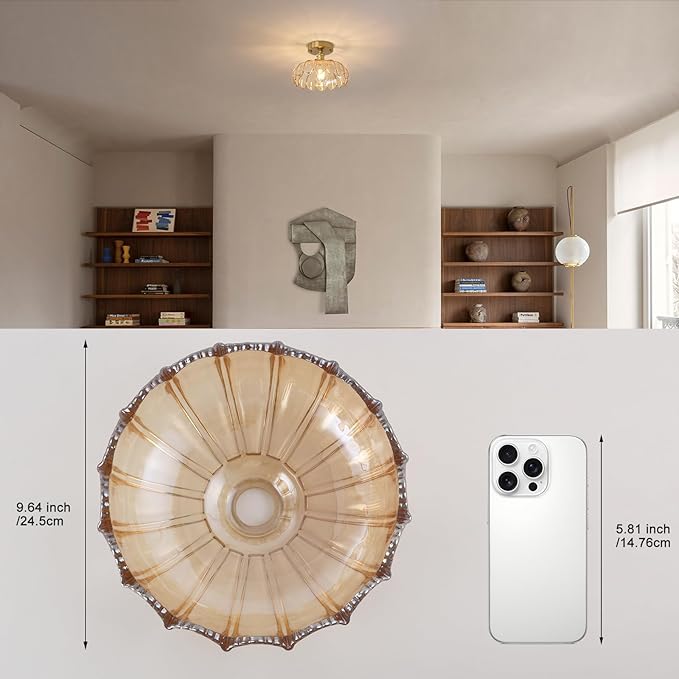 Shenmoyl Semi Flush Mount Gold Vintage Lights Fixture with Amber Peony Glass, Bulb Included, 4.72" Base Modern Ceiling Light for Kitchen Bedroom