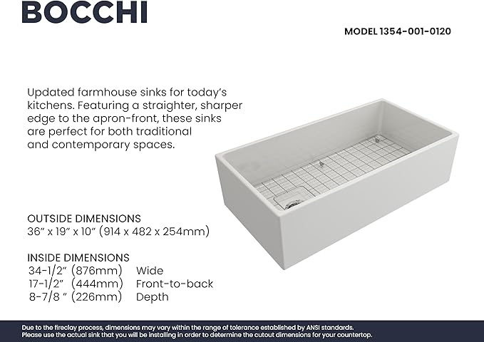 BOCCHI Contempo Farmhouse Apron Front Fireclay 36 in. Single Bowl Kitchen Sink with Protective Bottom Grid and Strainer in White
