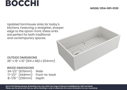 BOCCHI Contempo Farmhouse Apron Front Fireclay 36 in. Single Bowl Kitchen Sink with Protective Bottom Grid and Strainer in White