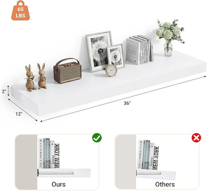 Heimlove 12" Deep Floating Shelves, 36 x 12 Inch Wall Mounted Long Floating Shelf with Invisible Brackets, for Home Decor, Bedroom, Kitchen, Living Room, Bathroom - 1 Pack, White