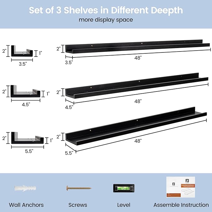 FLYJOE Picture Ledge Wall Shelves 48 inches Width Set of 3, Solid Pine Wood Rustic Floating Ledge Shelves for Wall for Kids' Room Bedroom Kitchen Bathroom Long Floating Shelves for Wall Decor, Black